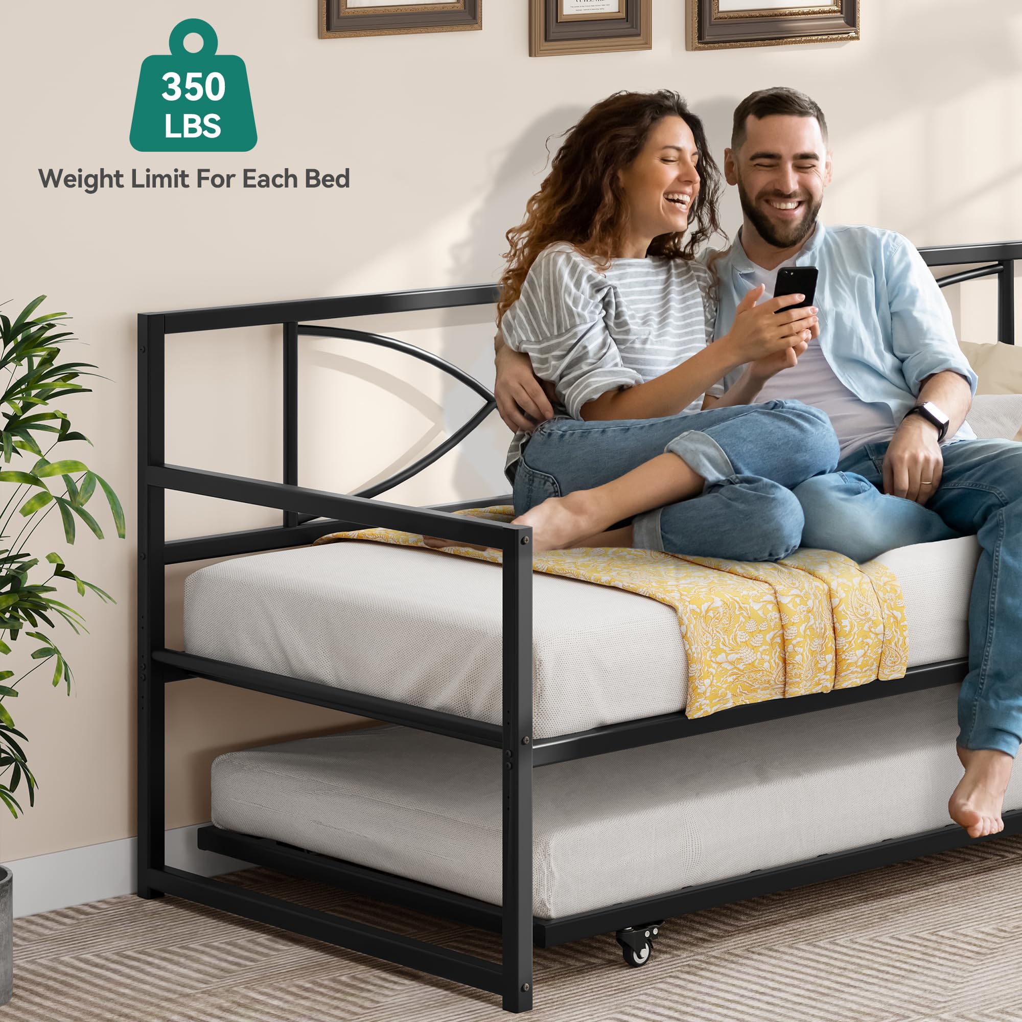 YITAHOME Twin Daybed with Pull Out Trundle, Metal Day Bed with Adjustable Height, Twin Size Mattress Foundation with Steel Slat Support for Guest Room Living Room - Black