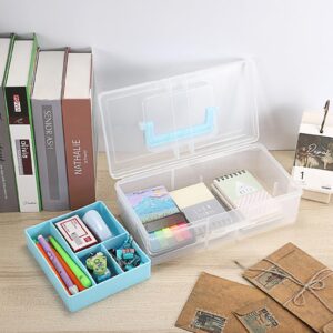 JUXYES Plastic Carry Storage Box with Removable Dividers, Clear Art Craft Supply Storage Bin Sewing Box With Handle Lid, 2 Layers Stationery Storage Case for School/Office Supplies