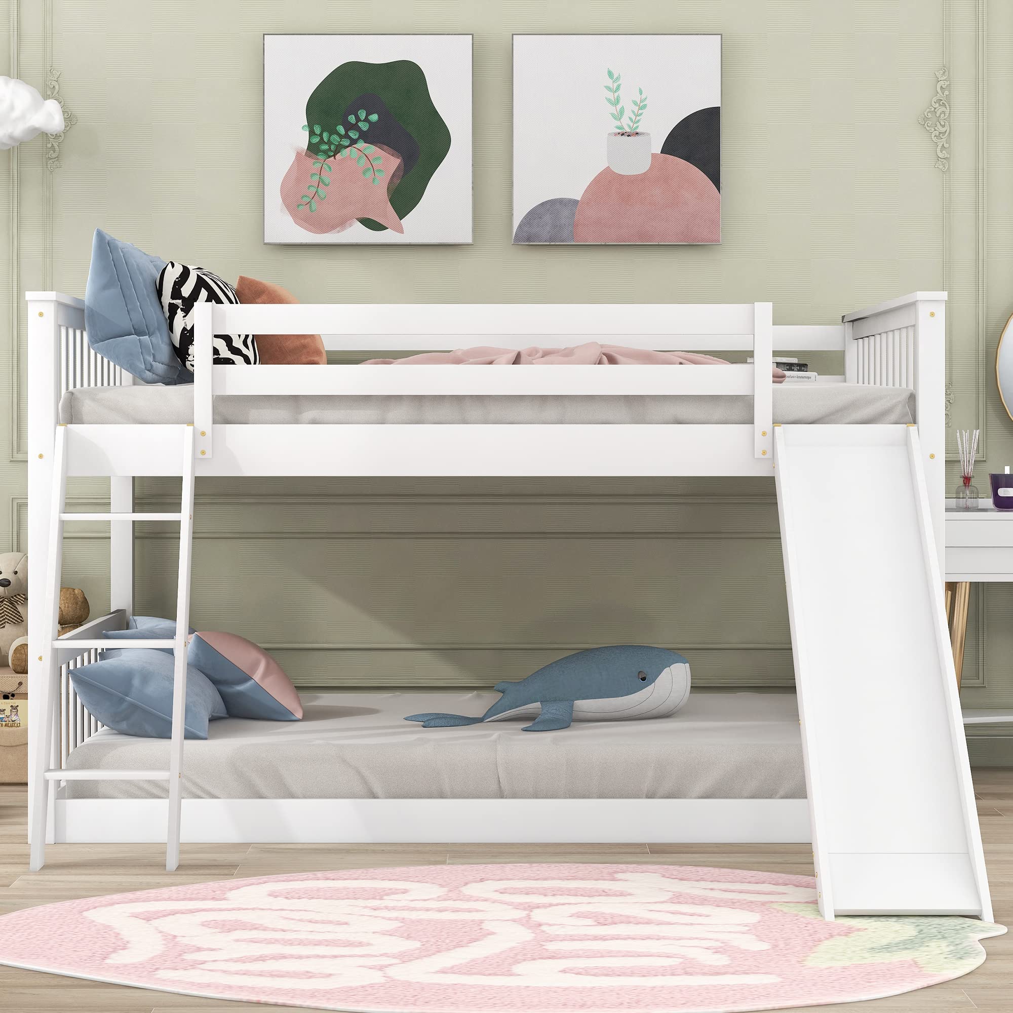 Jintop Full Over Full Bunk Bed with Convertible or Removable Slide and Ladder,Modern Loft Shelf Bed,w/Slat Support,No Box Spring Needed,for Apartment,Bedroom,Guest Room,White