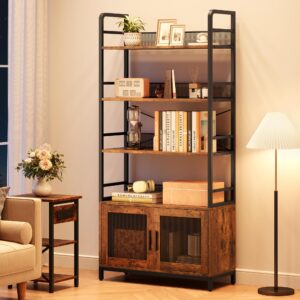 GAOMON Industrial Bookshelf with Doors 70.87" Tall Bookcase with 4 Tiers Open Storage Shelf Rustic Bookshelves Display Rack Cabinet Farmhouse Bookshelf for Bedroom, Living Room, Home Office, Brown