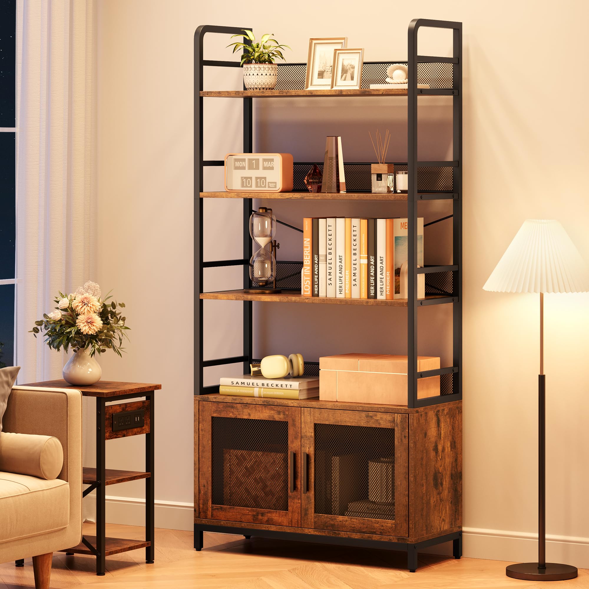 GAOMON Industrial Bookshelf with Doors 70.87" Tall Bookcase with 4 Tiers Open Storage Shelf Rustic Bookshelves Display Rack Cabinet Farmhouse Bookshelf for Bedroom, Living Room, Home Office, Brown