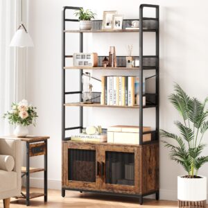 gaomon industrial bookshelf with doors 70.87" tall bookcase with 4 tiers open storage shelf rustic bookshelves display rack cabinet farmhouse bookshelf for bedroom, living room, home office, brown