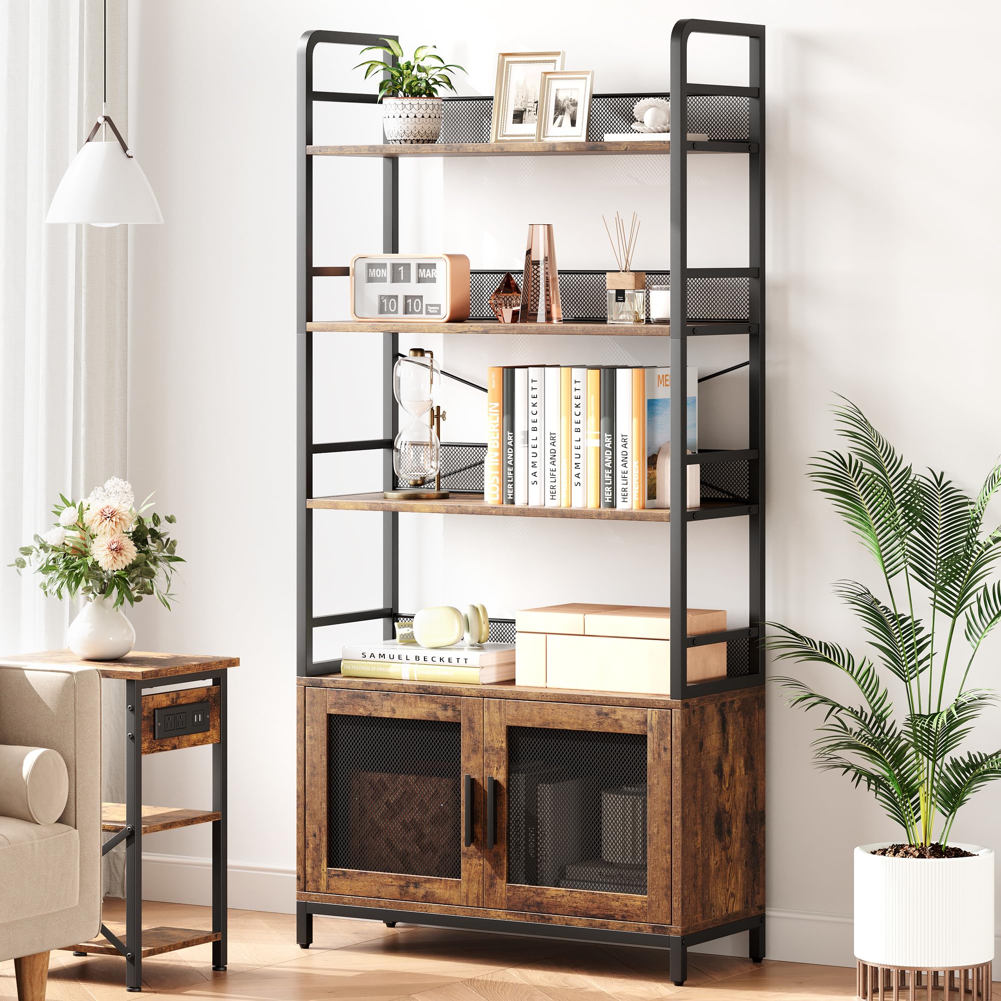 GAOMON Industrial Bookshelf with Doors 70.87" Tall Bookcase with 4 Tiers Open Storage Shelf Rustic Bookshelves Display Rack Cabinet Farmhouse Bookshelf for Bedroom, Living Room, Home Office, Brown