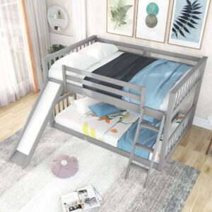 Acosure Full Over Full Bunk Bed with Convertible Slide and Ladder,Bedroom Wood Low Bed Frame W/Slats Support,No Box Spring Required,for Kids Teens Girls Boys,Gray