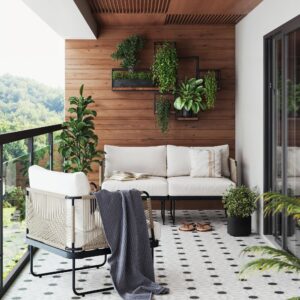 Nathan James Isla Boho Loveseat for Patio, Upholstered Outdoor Sofa with Black Metal Frame, Cream