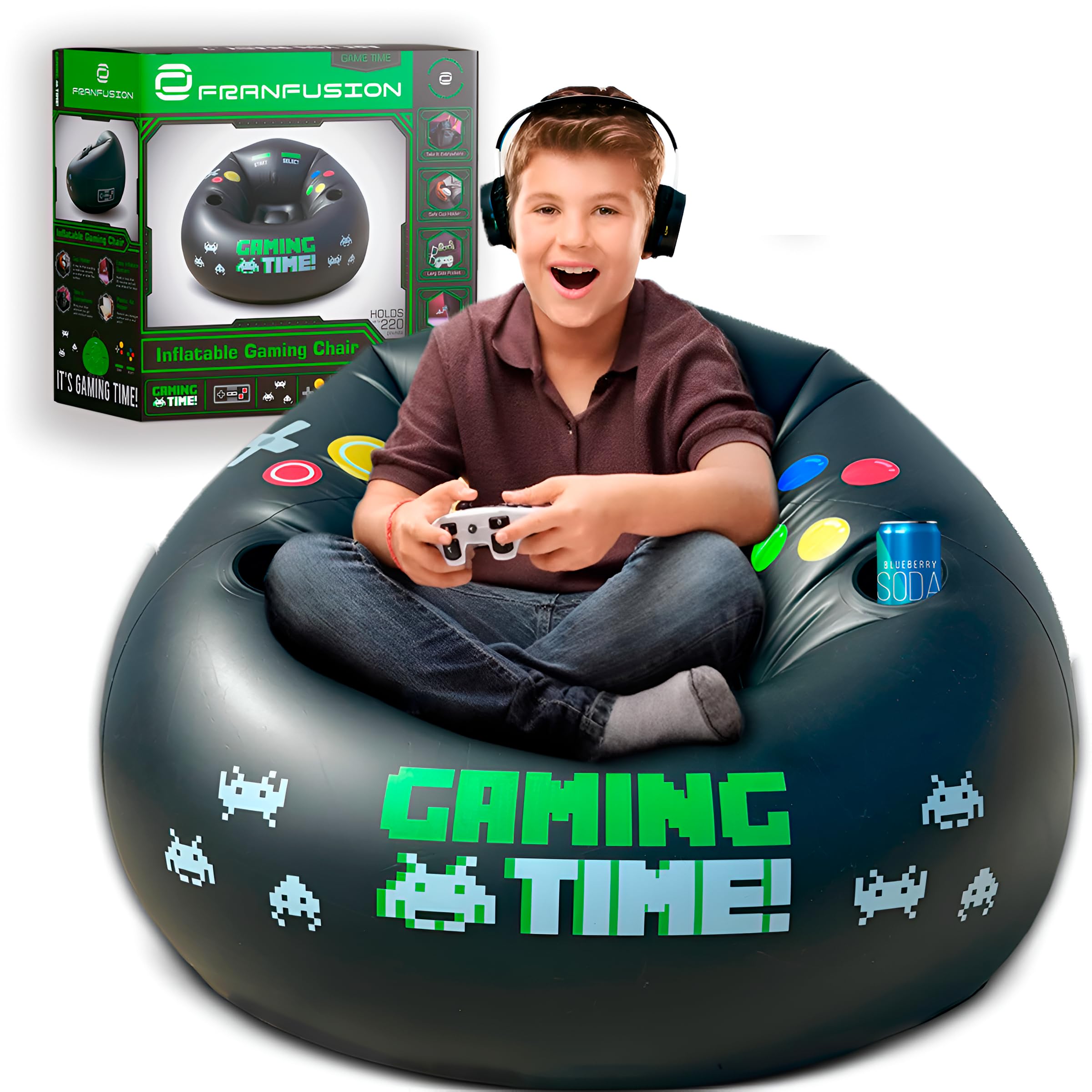 Inflatable Gaming Chair for Kids & Teens with Cup Holders and Side Pocket - This Air Gaming Bean Bag Chairs for Kids is The Perfect Furniture for Gamer Room Decor - Perfect Gaming Stuff for Boys 4-12