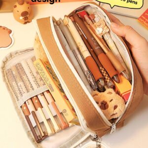 forzma Open Wide 4 Compartment Pencil Case Pen Pouch Canvas Capybara with Pen Slots Grids Bonus Pin Brown/Black (Milk Coffee)