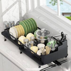 rottogoon expandable dish drying rack,multifunctional adjustable dish drainer with 360° swivel spout and anti-rust dish rack with removable cutlery & cup holders for kitchen counter,black