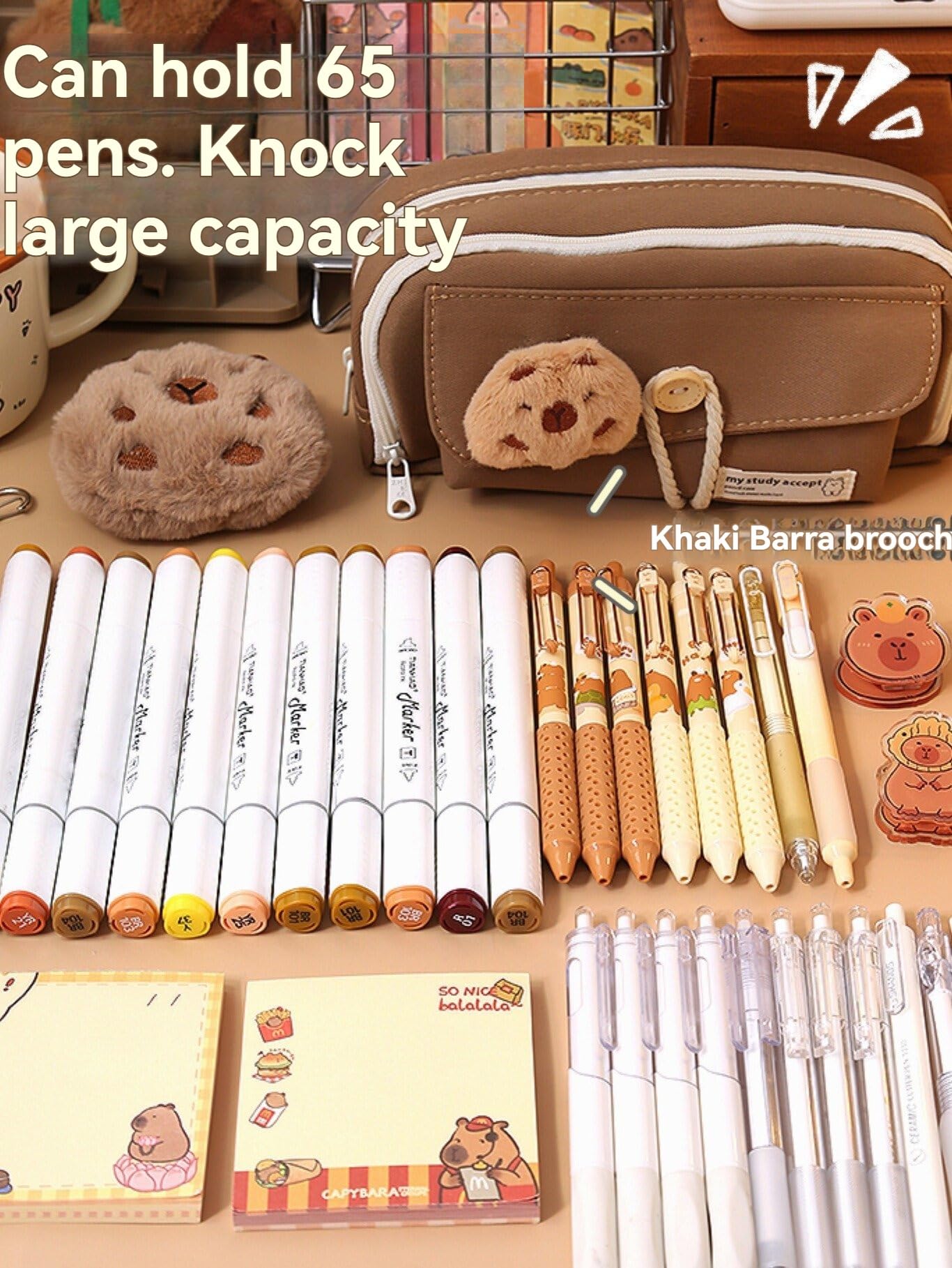 forzma Open Wide 4 Compartment Pencil Case Pen Pouch Canvas Capybara with Pen Slots Grids Bonus Pin Brown/Black (Milk Coffee)