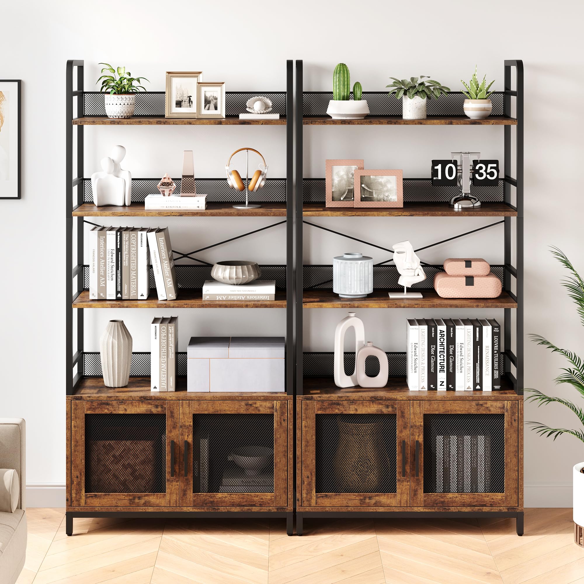 GAOMON Industrial Bookshelf with Doors 70.87" Tall Bookcase with 4 Tiers Open Storage Shelf Rustic Bookshelves Display Rack Cabinet Farmhouse Bookshelf for Bedroom, Living Room, Home Office, Brown