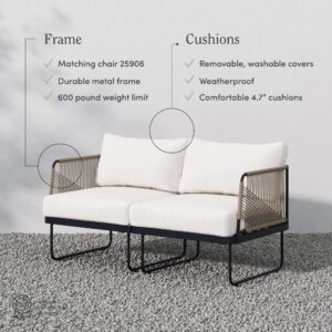 Nathan James Isla Boho Loveseat for Patio, Upholstered Outdoor Sofa with Black Metal Frame, Cream