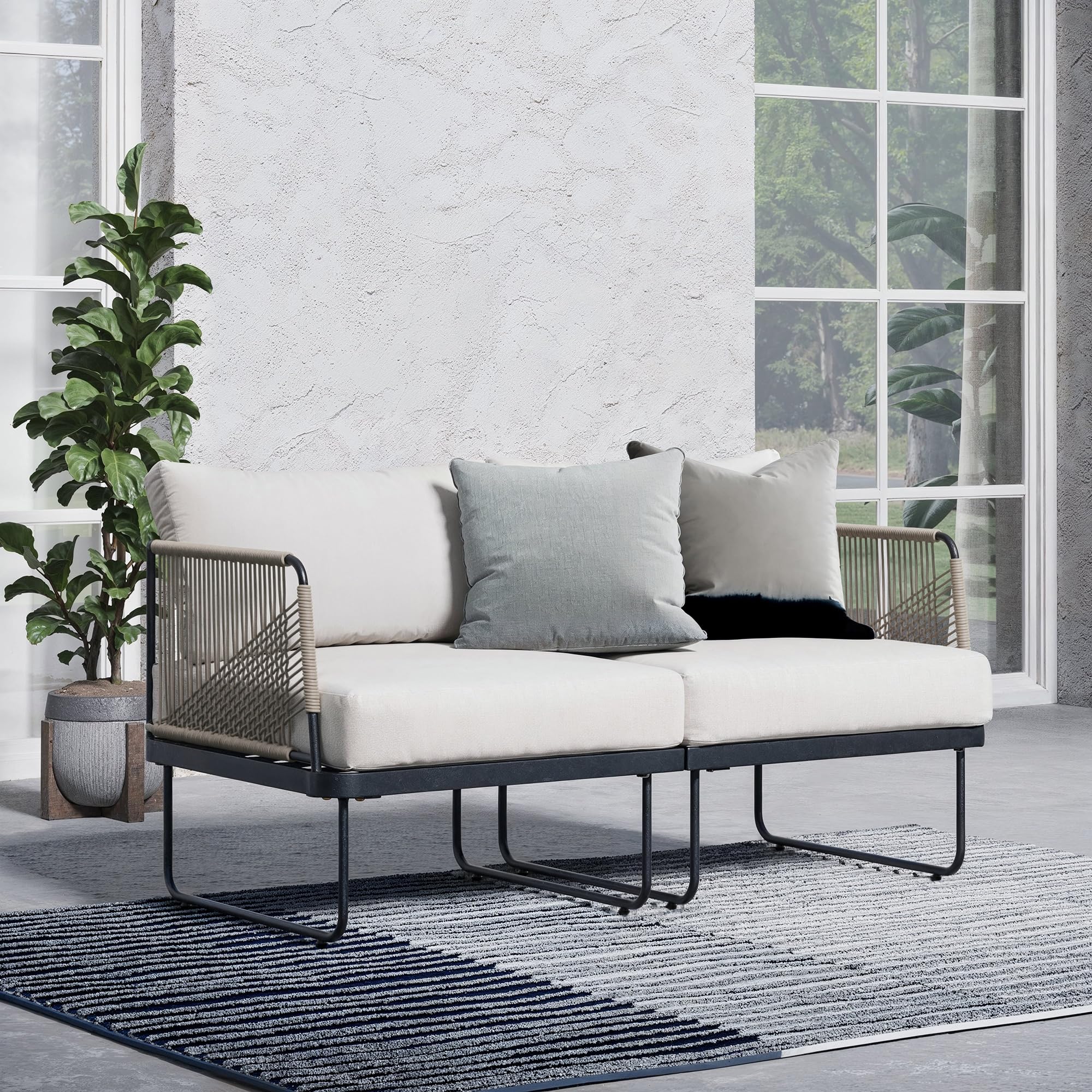 Nathan James Isla Boho Loveseat for Patio, Upholstered Outdoor Sofa with Black Metal Frame, Cream