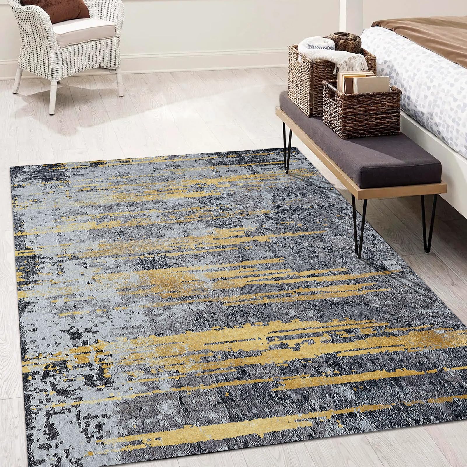 Eroyat Soft Non-Slip Non-Shedding Area Rug, 5x7ft Comfortable Washable Area Rugs,Medium Sized Indoor Rugs for small Living Room, Kitchen, Bedroom, Bathroom, Modern Home Decor Rugs,Line-Golden.