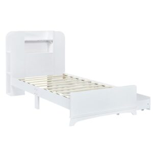 Brisca Twin Size Storage Platform Bed Frame with Two Drawers and Light Strip,Headboard W/ 3 Storage Shelves,for Bedroom,Apartment,Guest Room,White