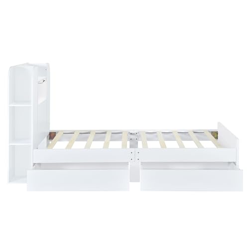 Brisca Twin Size Storage Platform Bed Frame with Two Drawers and Light Strip,Headboard W/ 3 Storage Shelves,for Bedroom,Apartment,Guest Room,White