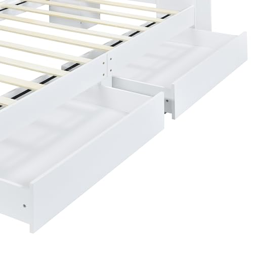 Brisca Twin Size Storage Platform Bed Frame with Two Drawers and Light Strip,Headboard W/ 3 Storage Shelves,for Bedroom,Apartment,Guest Room,White