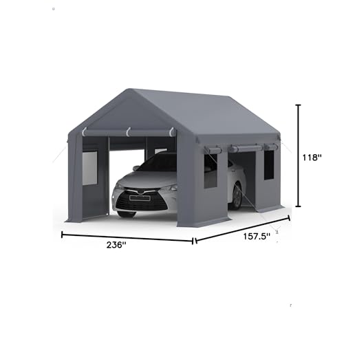 GAOMON 13' X 20' Heavy Duty Carport, Portable Garage with Front & Rear Doors,4 Windows, Reinforced Steel Poles & 180 g PE Waterproof Canopy, for Pickup Truck, and Boat, Silver Gray