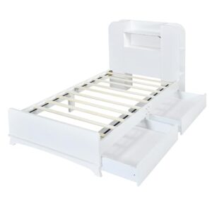 Brisca Twin Size Storage Platform Bed Frame with Two Drawers and Light Strip,Headboard W/ 3 Storage Shelves,for Bedroom,Apartment,Guest Room,White