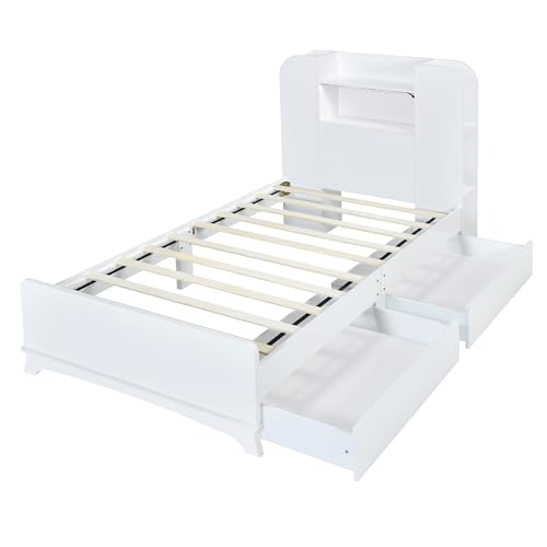 Brisca Twin Size Storage Platform Bed Frame with Two Drawers and Light Strip,Headboard W/ 3 Storage Shelves,for Bedroom,Apartment,Guest Room,White