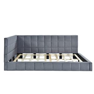 BOVZA L-Shaped Tufted Headboard Full Size Velvet Upholstered Floor Bed, Modern Daybed Sofa Bed Frame with Wood Slats Support for Living Room Bedroom, Gray