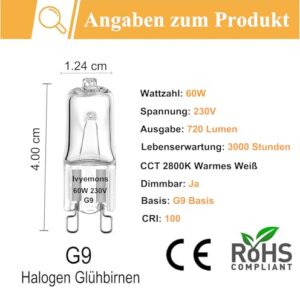 Ivyemons G9 Bulb 60 Watt - 10PCS G9 Halogen Light Bulbs 2 Pin 120V 60W Warm White, G9 Dimmable Bulb with G9 Base, High Output G9 Light Bulb for Range Hood Light, Chandeliers, Cabinet Light