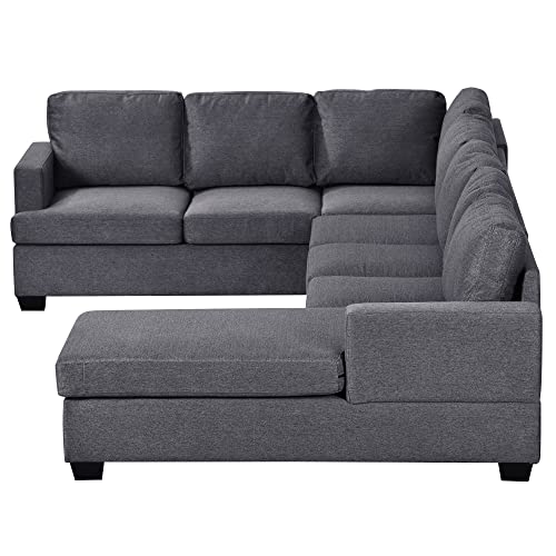 UBGO U Shaped Modular Sectional Sofa with Wide Chaise Lounge, Oversized Modern Sofa with Solid Wood Legs Support, Upholstered Fabric Sofas & Couches for Living Room, Office, Spacious Space-Grey