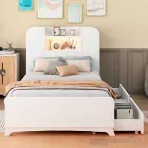 Brisca Twin Size Storage Platform Bed Frame with Two Drawers and Light Strip,Headboard W/ 3 Storage Shelves,for Bedroom,Apartment,Guest Room,White