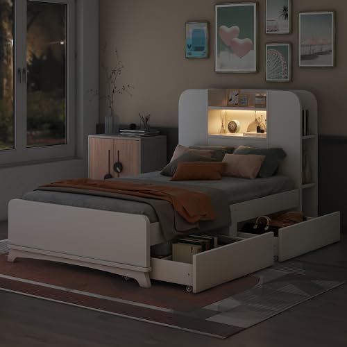 Brisca Twin Size Storage Platform Bed Frame with Two Drawers and Light Strip,Headboard W/ 3 Storage Shelves,for Bedroom,Apartment,Guest Room,White