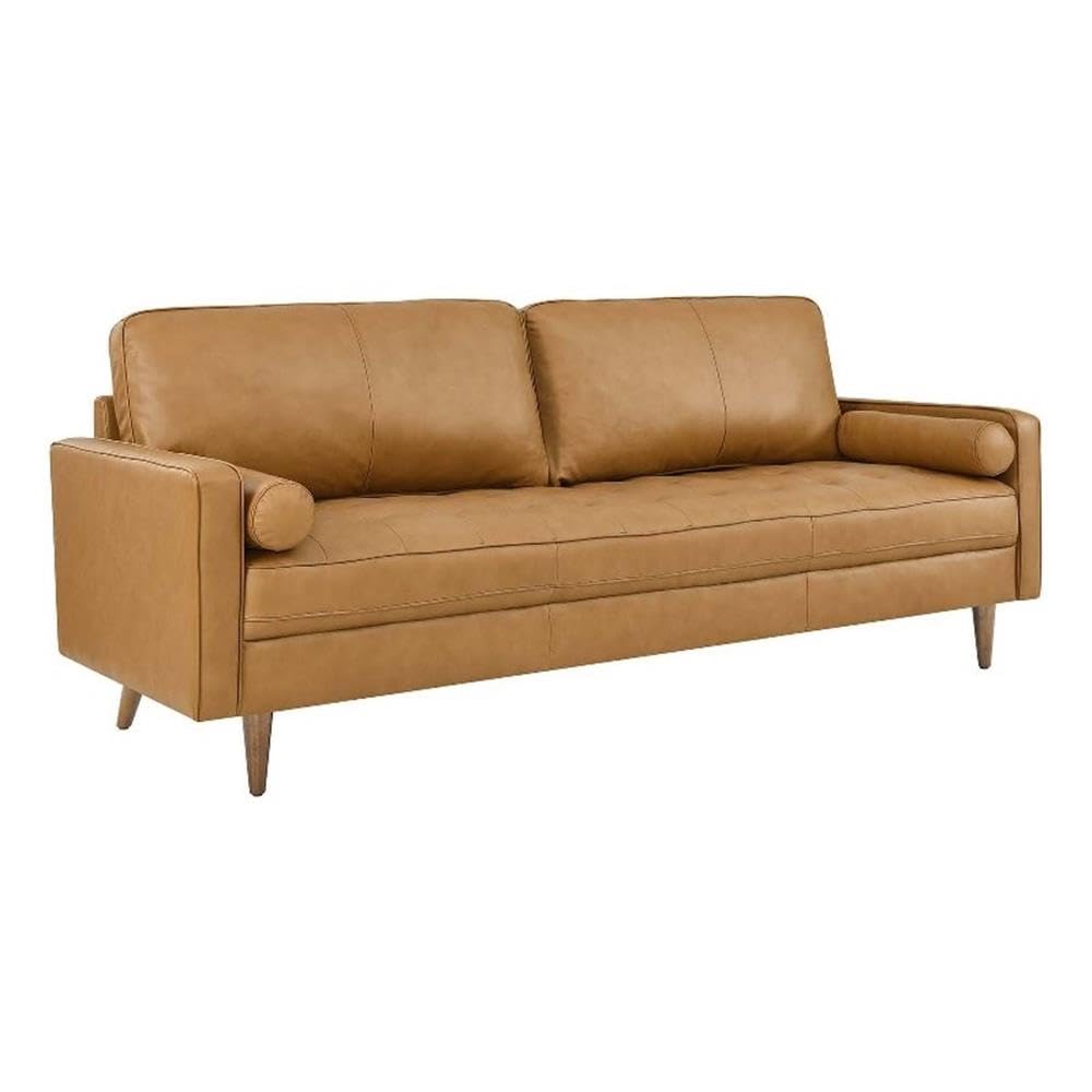 MAKLAINE 88" Modern Style Leather and Dense Foam Sofa in Tan Finish