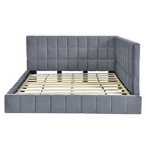 BOVZA L-Shaped Tufted Headboard Full Size Velvet Upholstered Floor Bed, Modern Daybed Sofa Bed Frame with Wood Slats Support for Living Room Bedroom, Gray