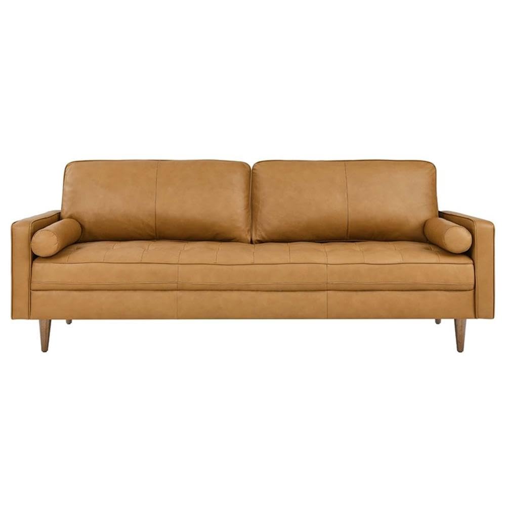 MAKLAINE 88" Modern Style Leather and Dense Foam Sofa in Tan Finish