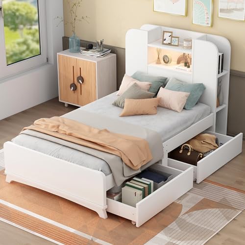 Brisca Twin Size Storage Platform Bed Frame with Two Drawers and Light Strip,Headboard W/ 3 Storage Shelves,for Bedroom,Apartment,Guest Room,White