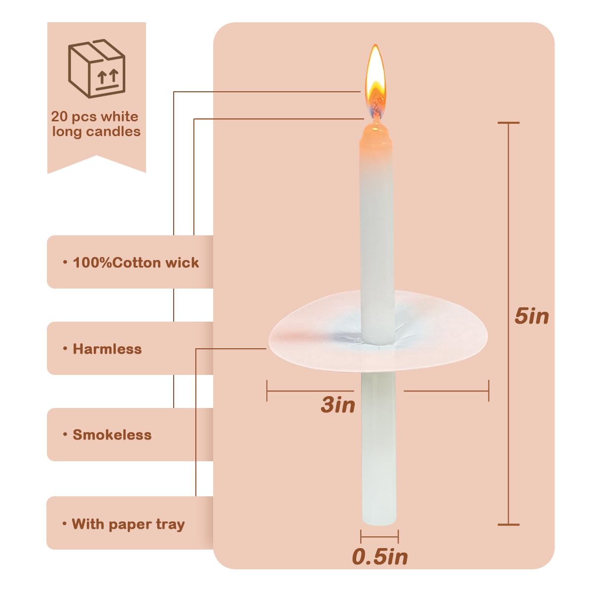 Church Candles with Drip Guard Unscented White Taper Candles, 20 Candles per Box, 5" H X 1/2" D for Devotional Candle Vigils, Prayers, Blessings, Religious, Devotional Ceremonies