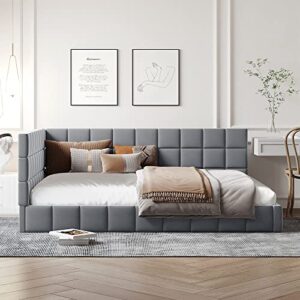 BOVZA L-Shaped Tufted Headboard Full Size Velvet Upholstered Floor Bed, Modern Daybed Sofa Bed Frame with Wood Slats Support for Living Room Bedroom, Gray