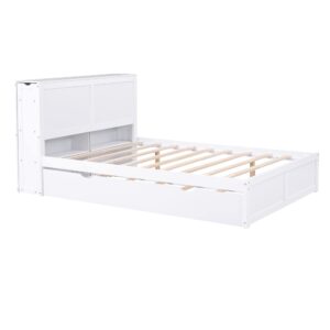 Acosure Full Size Storage Platform Bed with Pull Out Shelves and Twin XL Size Trundle,Bedroom Wood Bed Frame W/Headboard,No Box Spring Required,for Kids Teens Girls Boys,White