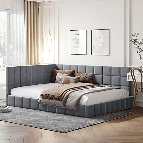 BOVZA L-Shaped Tufted Headboard Full Size Velvet Upholstered Floor Bed, Modern Daybed Sofa Bed Frame with Wood Slats Support for Living Room Bedroom, Gray