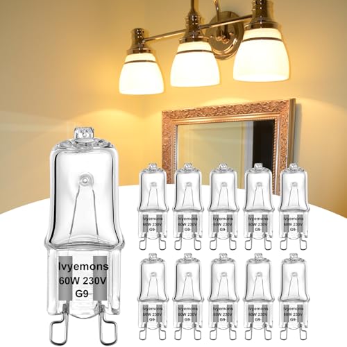 Ivyemons G9 Bulb 60 Watt - 10PCS G9 Halogen Light Bulbs 2 Pin 120V 60W Warm White, G9 Dimmable Bulb with G9 Base, High Output G9 Light Bulb for Range Hood Light, Chandeliers, Cabinet Light