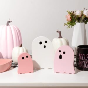 Treory Halloween Table Decorations Indoor: 3ct Halloween Cute Ghost Decorations, Pink White Ghosts Wood Plank Signs, Pastel Halloween Tiered Tray Decor Wooden Ghost for Home Office Party Kid Gifts