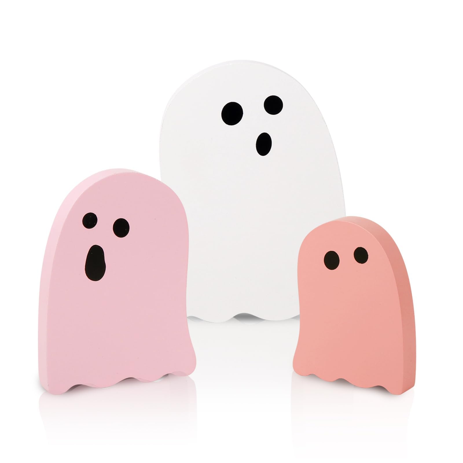 Treory Halloween Table Decorations Indoor: 3ct Halloween Cute Ghost Decorations, Pink White Ghosts Wood Plank Signs, Pastel Halloween Tiered Tray Decor Wooden Ghost for Home Office Party Kid Gifts