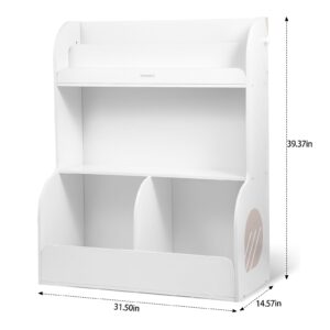 Asweets 2 in 1 Kids Bookshelf & Montessori Toy Storage Cubby, 3 Tiers Children Wooden Bookcase, Fit for Kids Room, Playroom, Kindergarten, Nursery, 31.5''L x 14.6''W x 39.4''H (White)