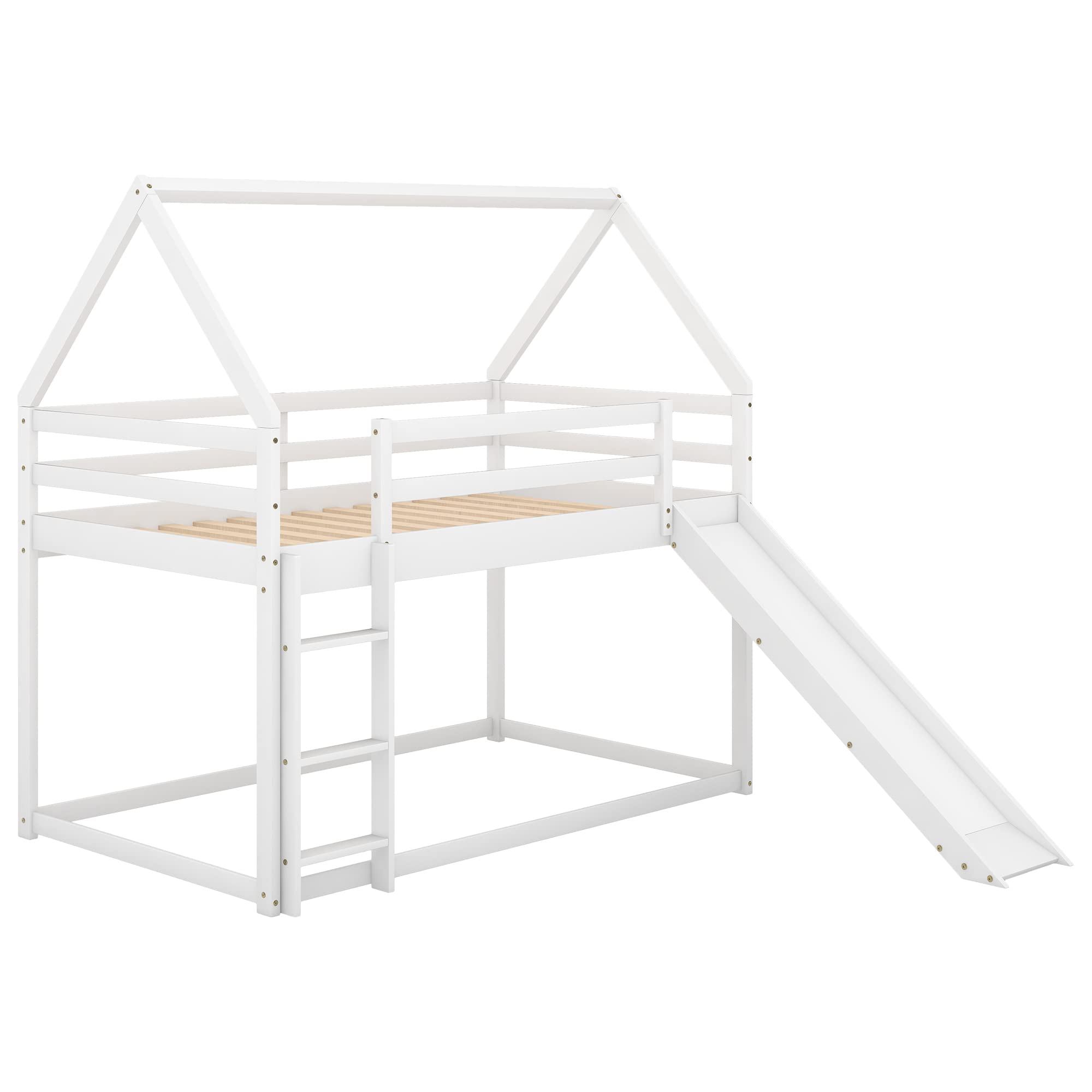 Jintop Twin Size Bunk House Bed with Slide and Ladder,Wooden Loft Bed Frmae,w/Pitched Roof & Safety Guardrails,Easy Assembly,for Kids Teens Girls Boys Bedroom,White