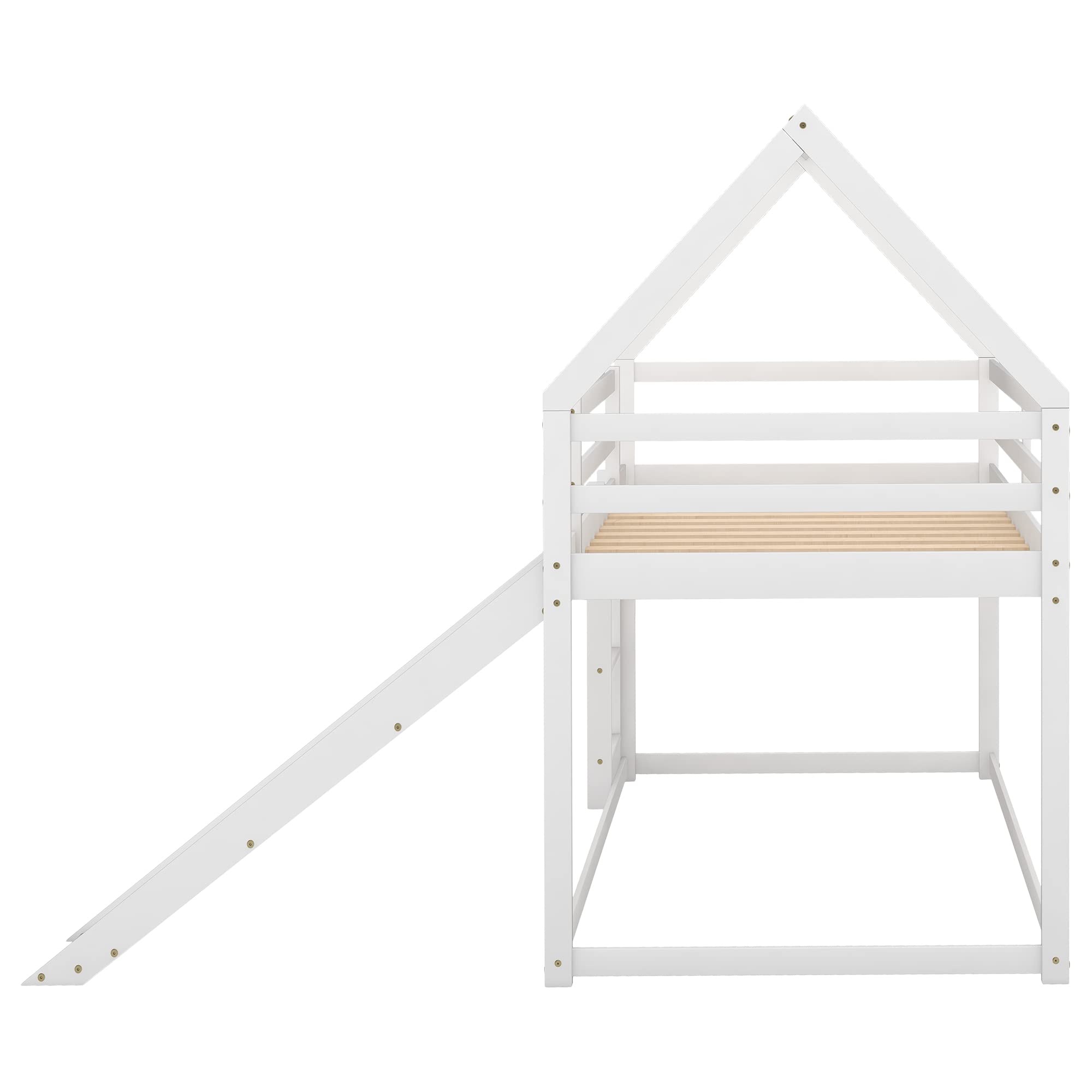 Jintop Twin Size Bunk House Bed with Slide and Ladder,Wooden Loft Bed Frmae,w/Pitched Roof & Safety Guardrails,Easy Assembly,for Kids Teens Girls Boys Bedroom,White