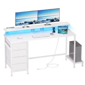 furologee 55in computer desk with 4 drawers, led gaming desk with power outlets, office desk with full monitor stand and storage shelf, study work desk for home office bedroom, white