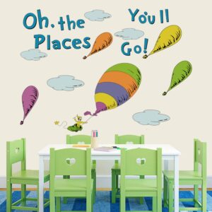 Runtoo Oh The Places You'll Go Wall Art Decal Inspirational Quotes Hot Air Balloon Wall Stickers Kids Reading Room Playroom Bedroom Wall Decor