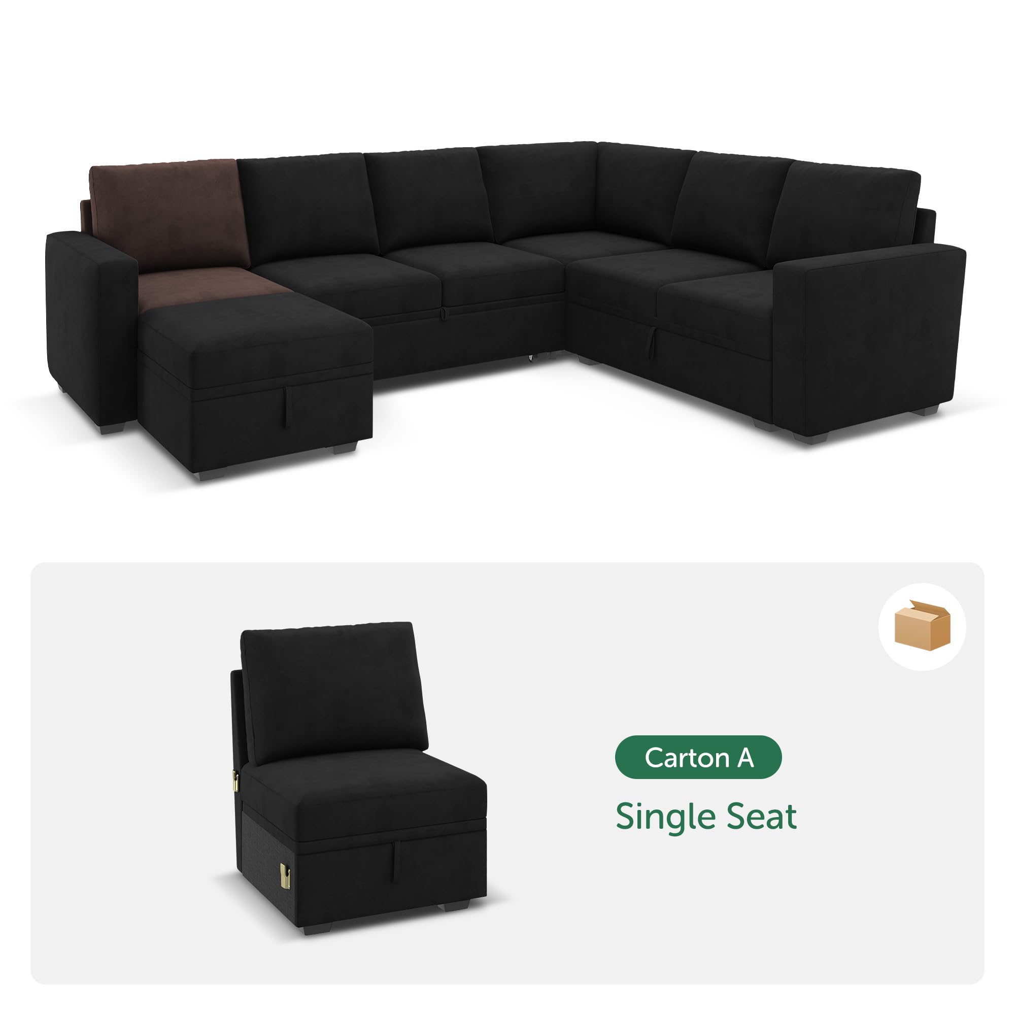 HONBAY Single Seat for Modular Sectional Sleeper Sofa with Pull Out Bed, Customizable Armless Chair for Sectional Couch, Velvet Black