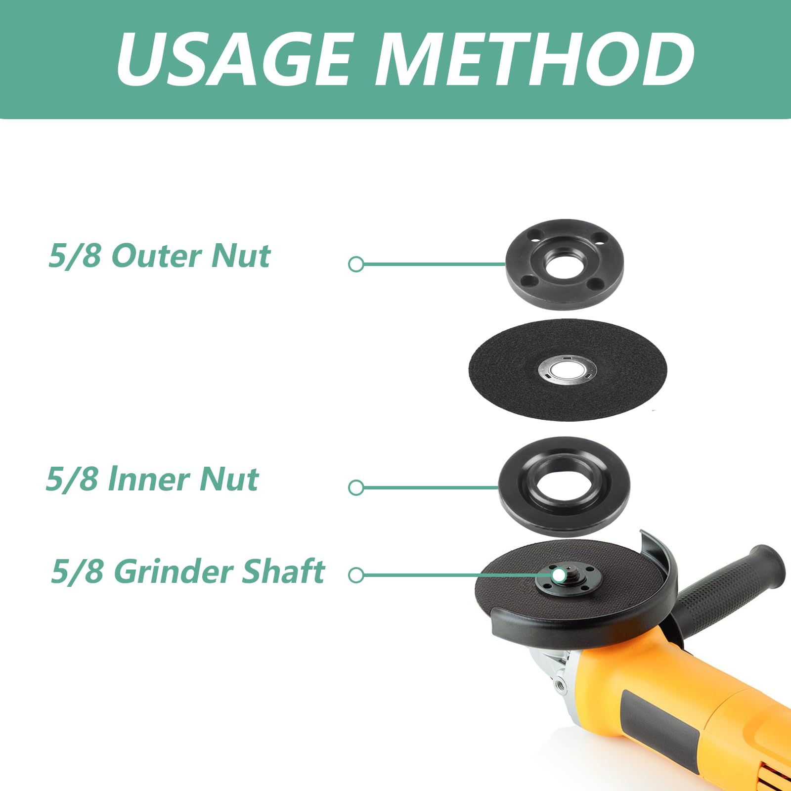 9pcs Angle Grinder Nuts, 1 Angle Grinder Wrench Spanner & 8 Angle Grinder Flange Nuts, 5/8-11 Grinder Angle Metal Lock Nuts Compatible with Makita Dewalt Bosch Milwaukee Ryobi Metabo Grinder Nuts