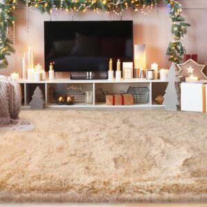 Soft Shaggy Rugs Camel Fluffy Rug for Bedroom White Fuzzy Rug Non-Slip Indoor Floor Carpet for Living Room 5x7