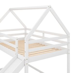 Jintop Twin Size Bunk House Bed with Slide and Ladder,Wooden Loft Bed Frmae,w/Pitched Roof & Safety Guardrails,Easy Assembly,for Kids Teens Girls Boys Bedroom,White