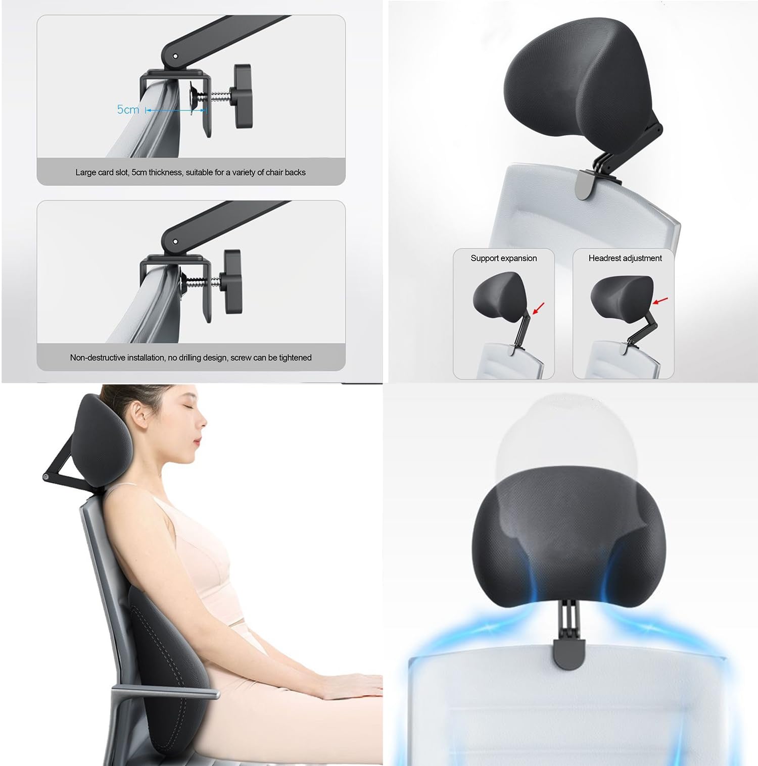 Office Chair Headrest Attachment Universal, Head Support Cushion for Any Desk Chair, Elastic Sponge Head Pillow for Ergonomic Executive Chair, Adjustable Height & Angle Upholstered, Chair Not Include