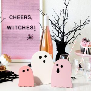 Treory Halloween Table Decorations Indoor: 3ct Halloween Cute Ghost Decorations, Pink White Ghosts Wood Plank Signs, Pastel Halloween Tiered Tray Decor Wooden Ghost for Home Office Party Kid Gifts